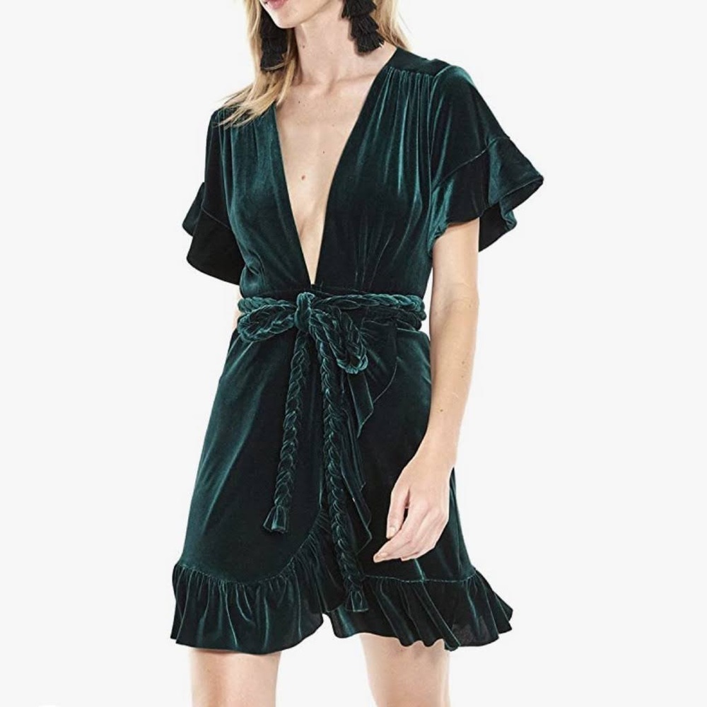 Misa Los Angeles Emerald Green Velvet Wrap Dress, S